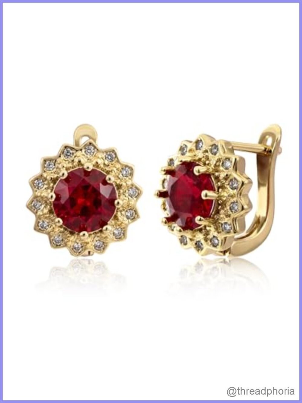 14K Gold Plated Ruby Red Leverback Earrings Sunflower Crystal Halo